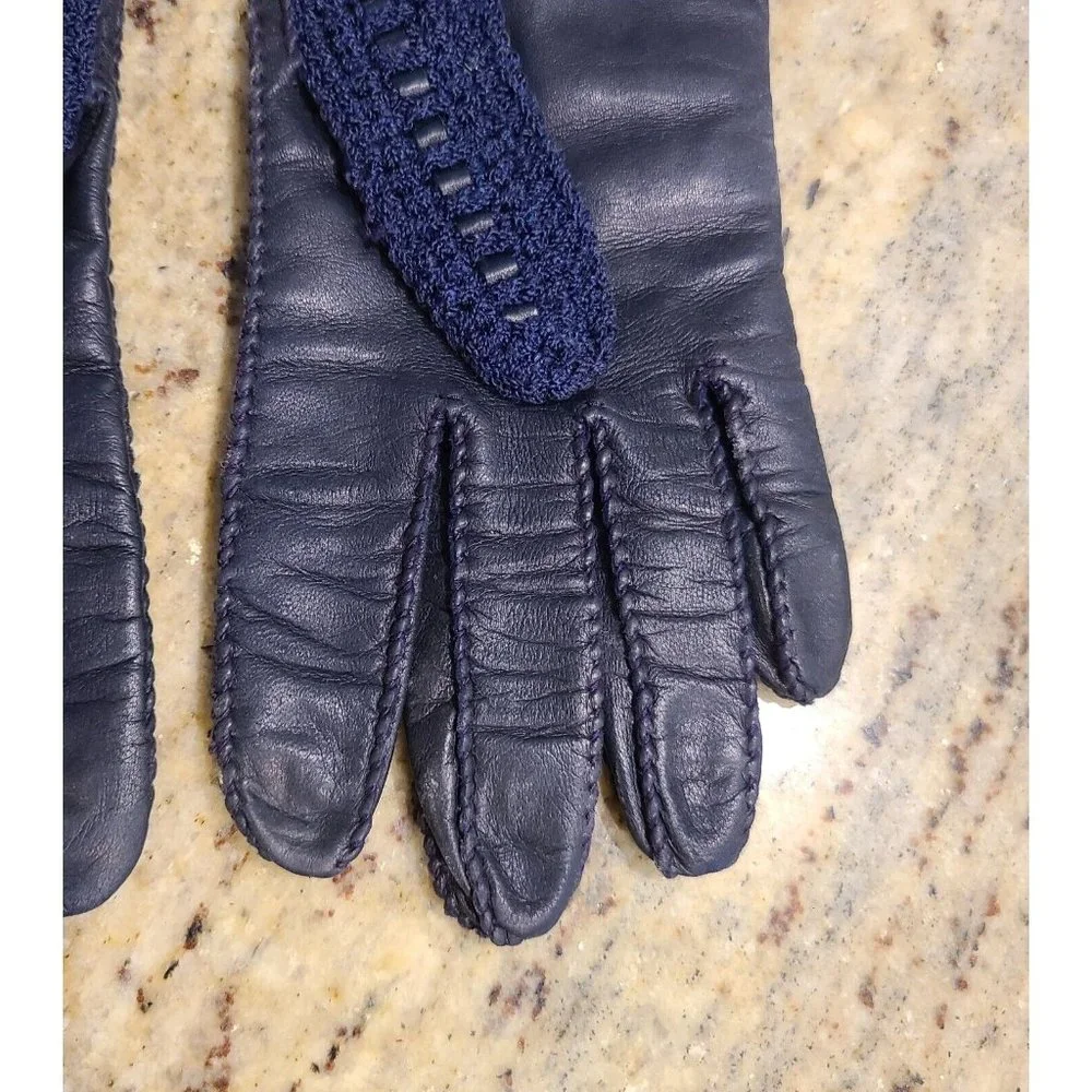 Vintage Size M 7 Blue Leather And Knit Handmade Gloves Hammer Of Hollywood